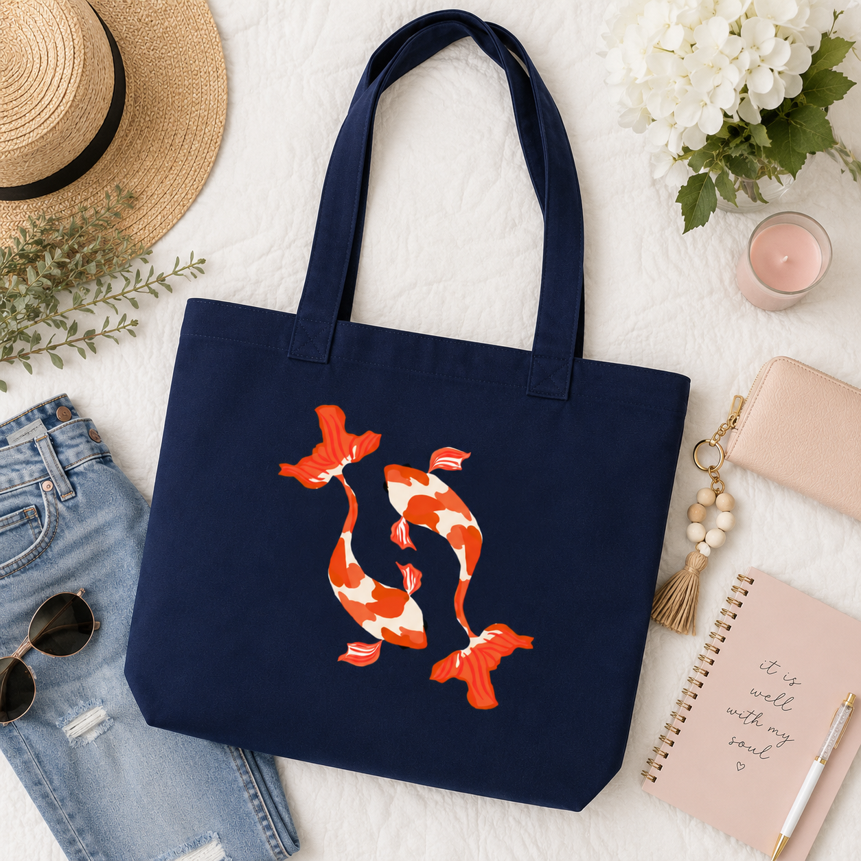 Navy Koi Fish Tote Bag | Orange & White Canvas Shoulder Tote