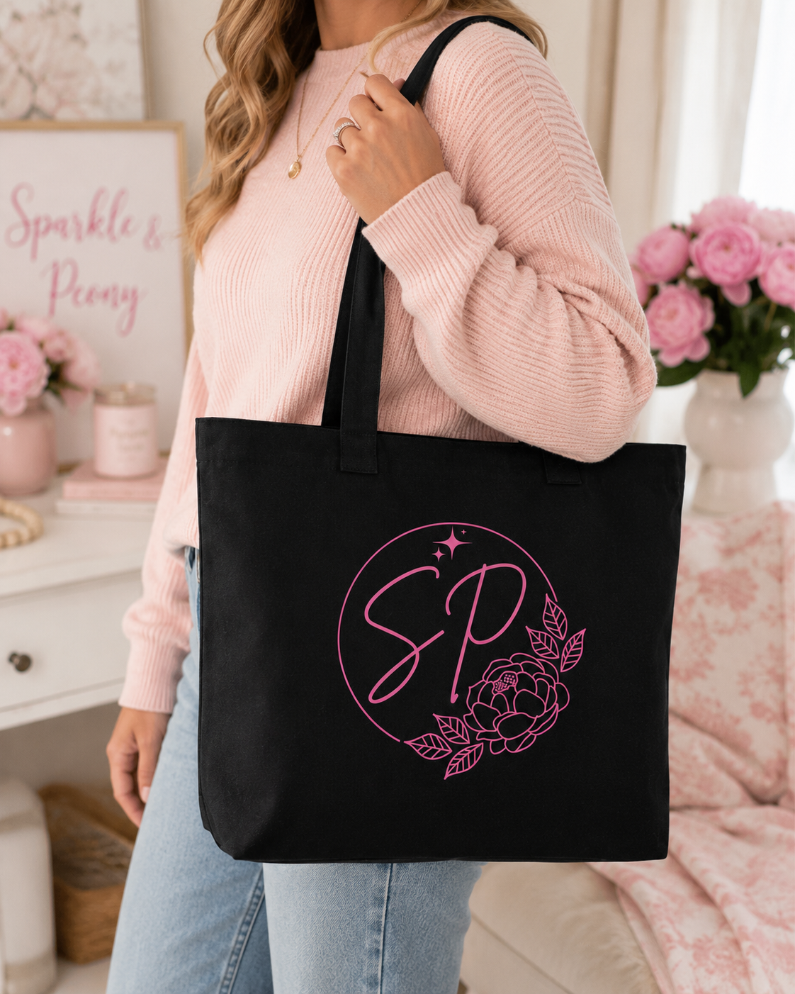 Sparkle & Peony Floral Tote Bag | Black Canvas Everyday Tote