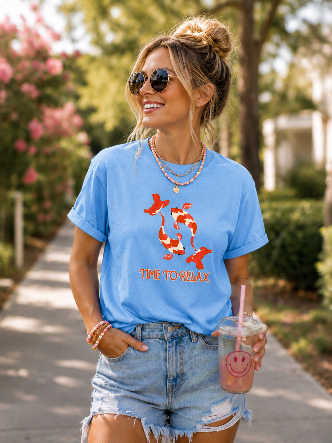 Time to Relax Koi Fish Graphic Tee | Cute Relaxation Shirt | Light Blue Gildan heavy cotton T-Shirt