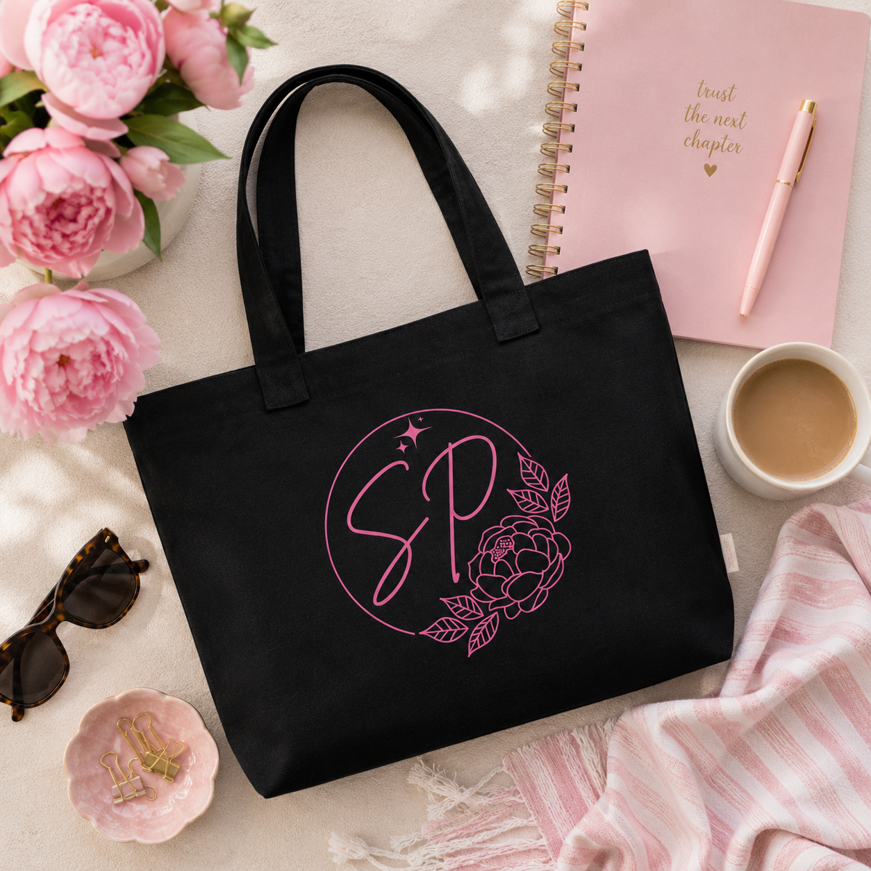 Sparkle & Peony Floral Tote Bag | Black Canvas Everyday Tote