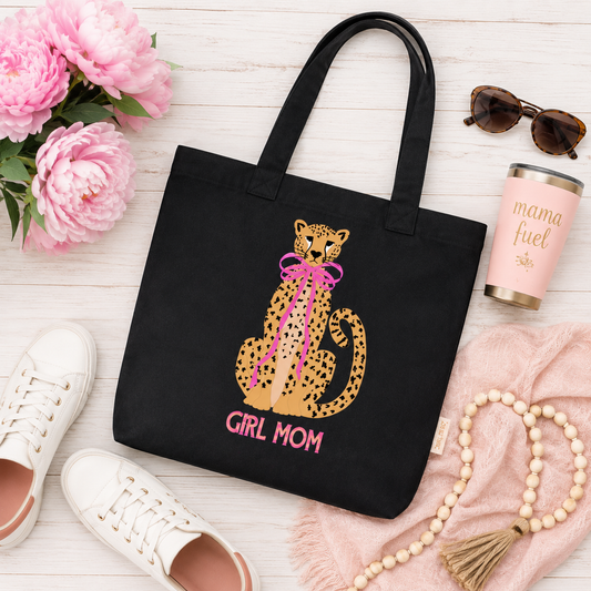 Girl Mom Tote Bag | Leopard Bow Canvas Tote for Moms