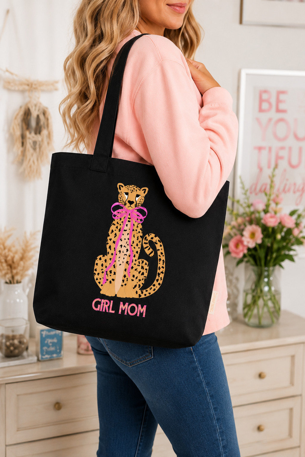 Girl Mom Tote Bag | Leopard Bow Canvas Tote for Moms