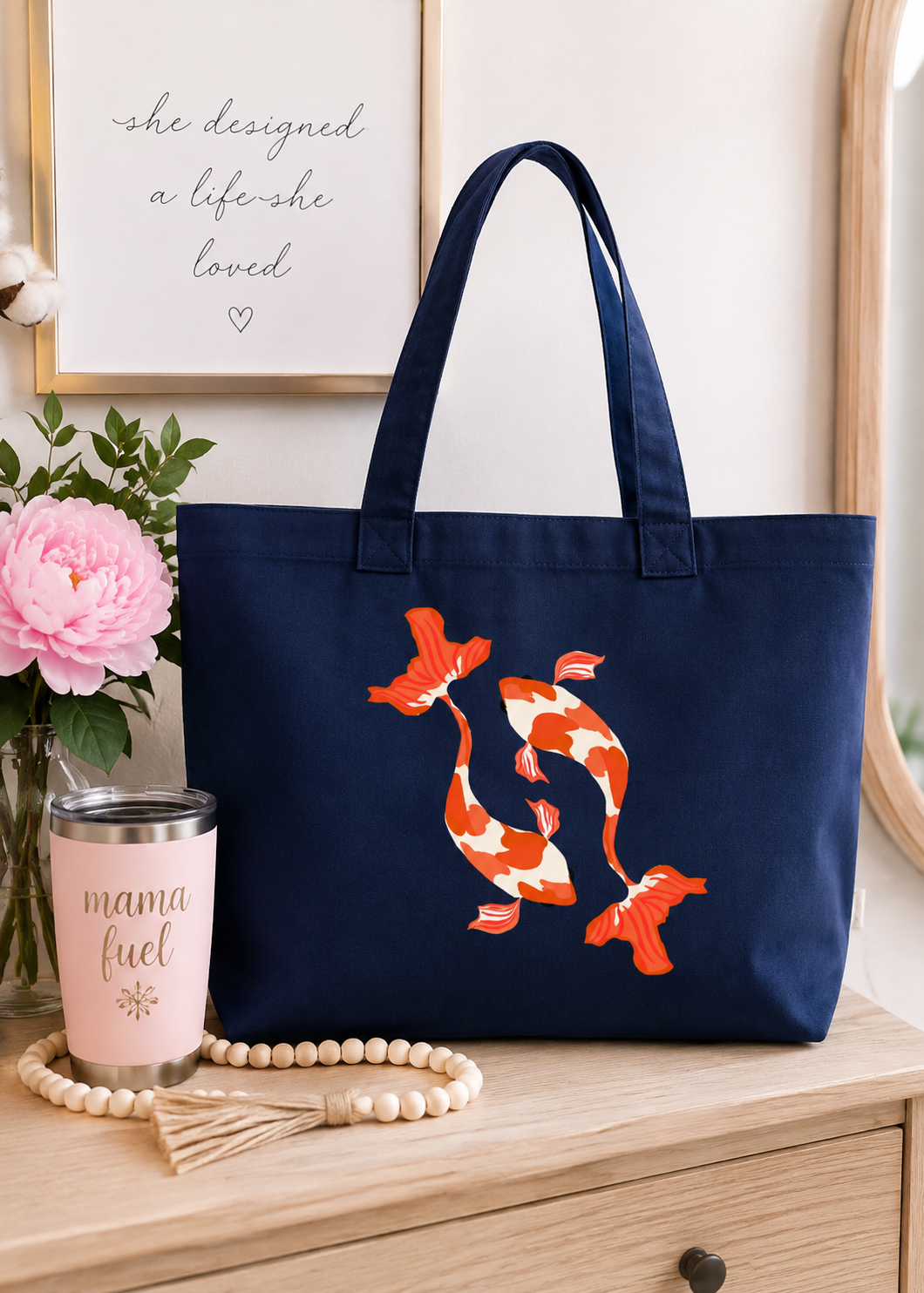 Navy Koi Fish Tote Bag | Orange & White Canvas Shoulder Tote