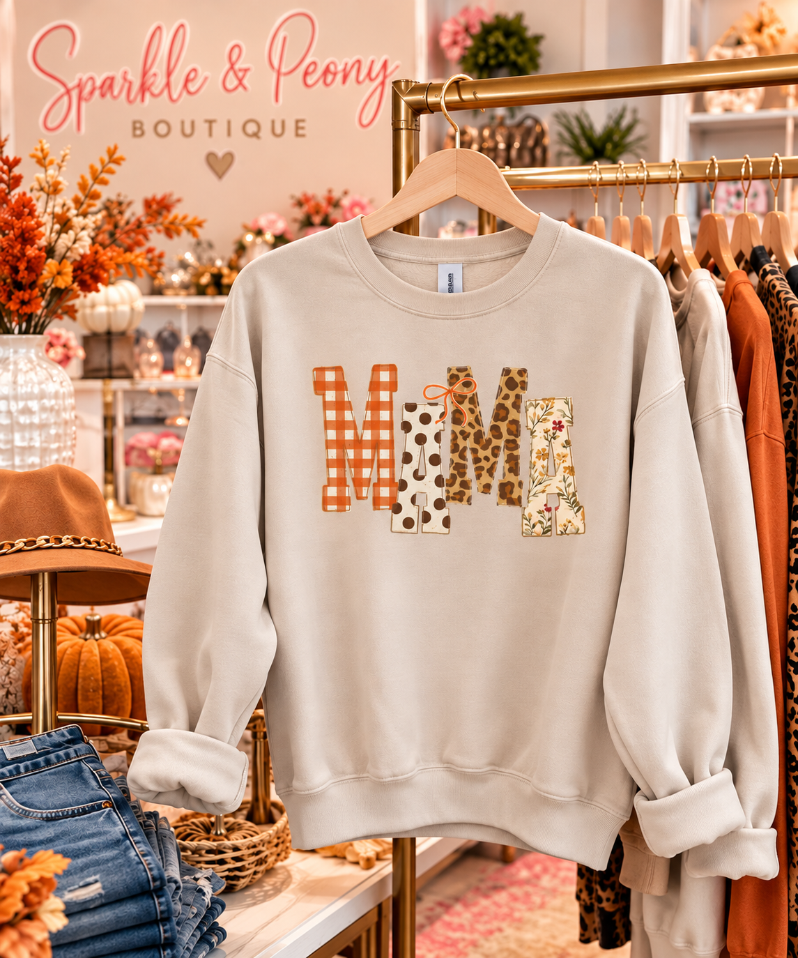 Mama Fall Sweatshirt | Leopard Print & Pumpkin Plaid Crewneck