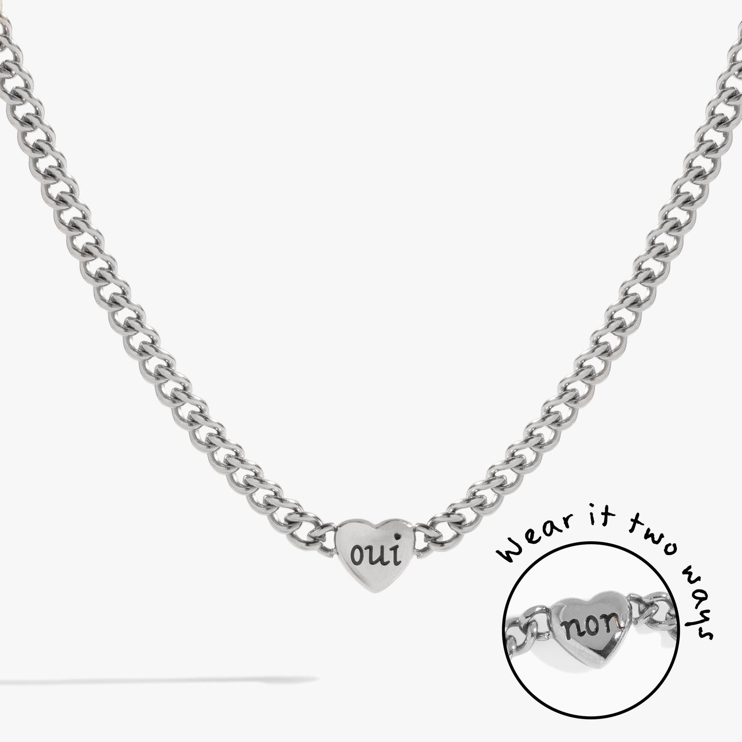 Engraved French 'Oui' & 'Non' Reversible Heart Necklace