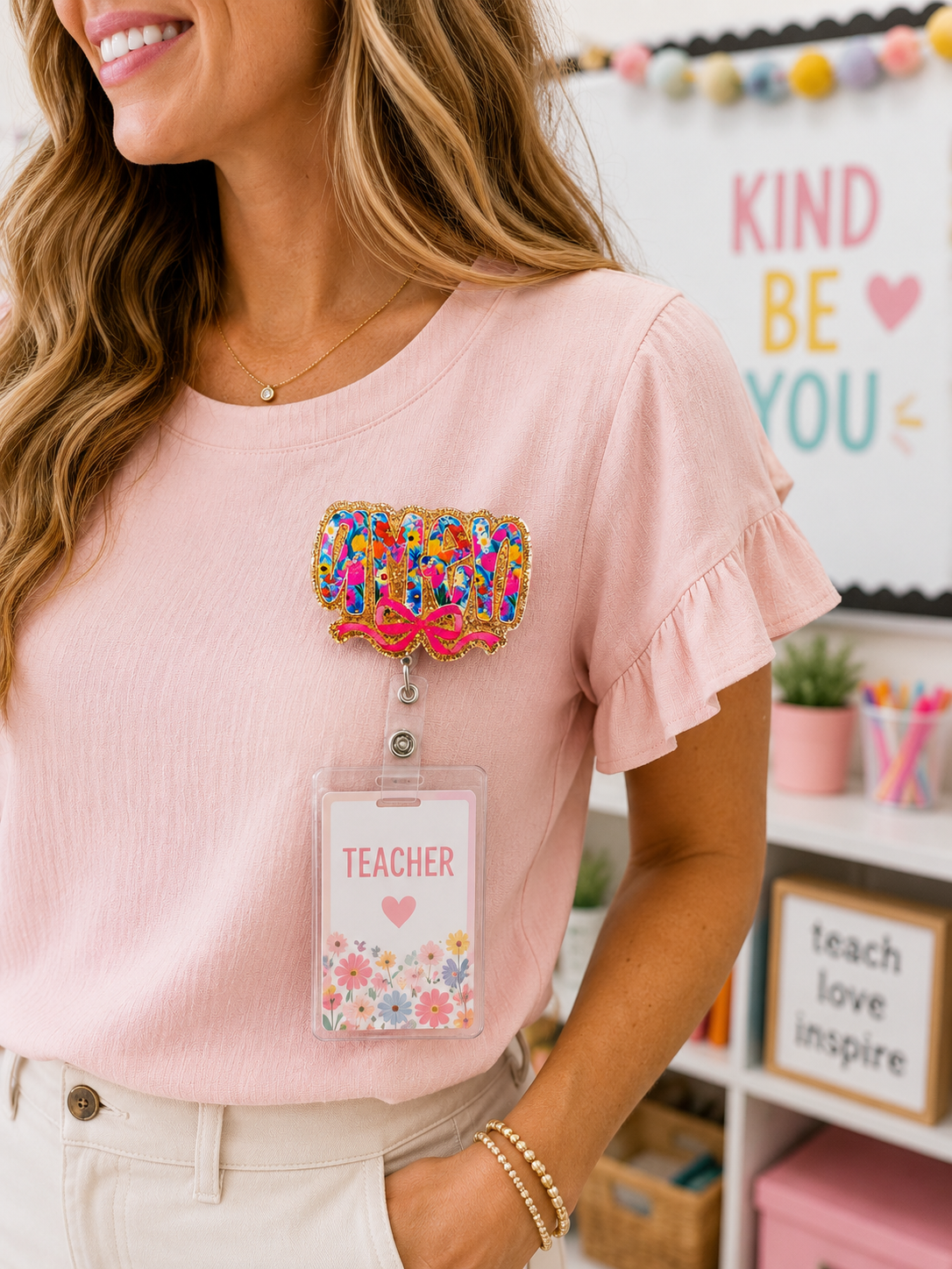Floral Amen Badge Reel with Gold Glitter Border & Pink Bow | Retractable Nurse, Teacher & Office ID Badge Holder