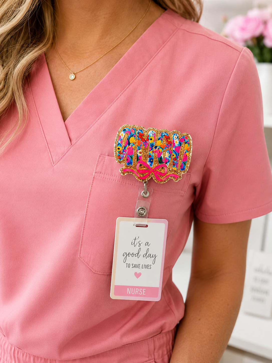 Floral Amen Badge Reel with Gold Glitter Border & Pink Bow | Retractable Nurse, Teacher & Office ID Badge Holder