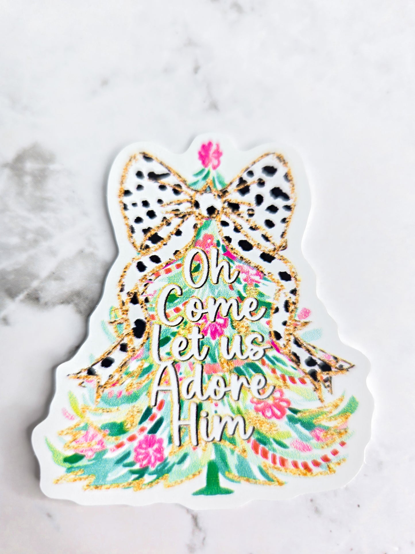 Oh come let's adore Him Christmas tree sticker