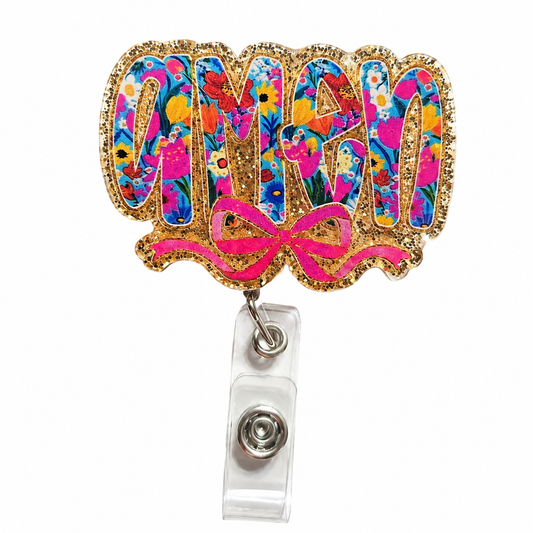 Floral Amen Badge Reel with Gold Glitter Border & Pink Bow | Retractable Nurse, Teacher & Office ID Badge Holder