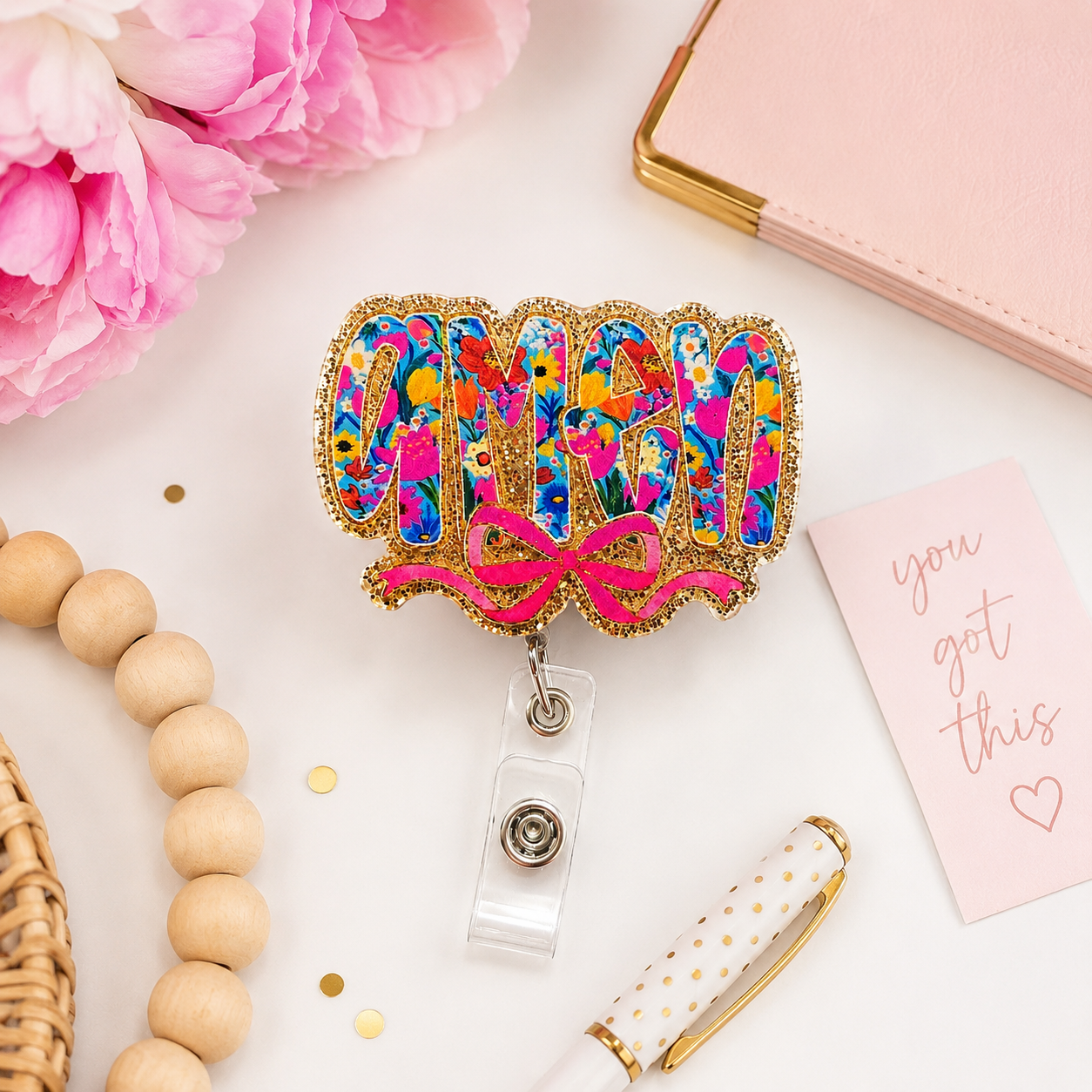 Floral Amen Badge Reel with Gold Glitter Border & Pink Bow | Retractable Nurse, Teacher & Office ID Badge Holder