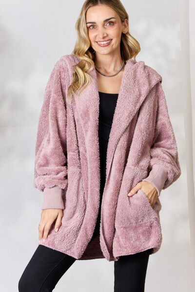 I really can't stay- H&T Faux Fur Open Front Hooded Jacket